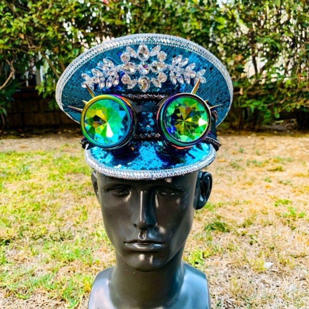 Blue Steampunk Burning Man Captain Hat With Goggles Party Music Festival Cap